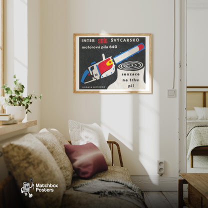 Blue Chainsaw - vintage matchbox label print - living room mockup