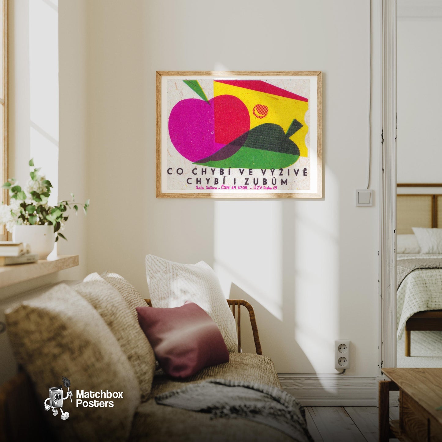 Apple and Pear - vintage matchbox label print - living room mockup