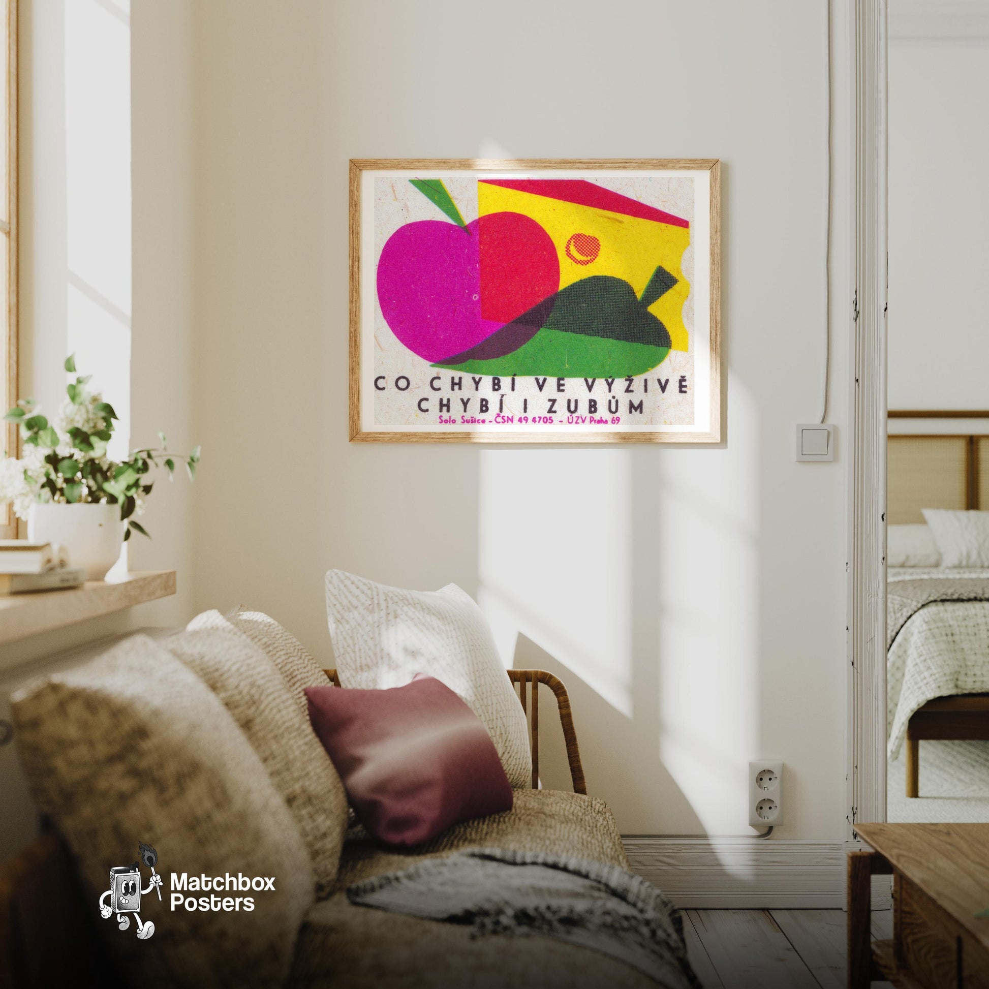 Apple and Pear - vintage matchbox label print - living room mockup