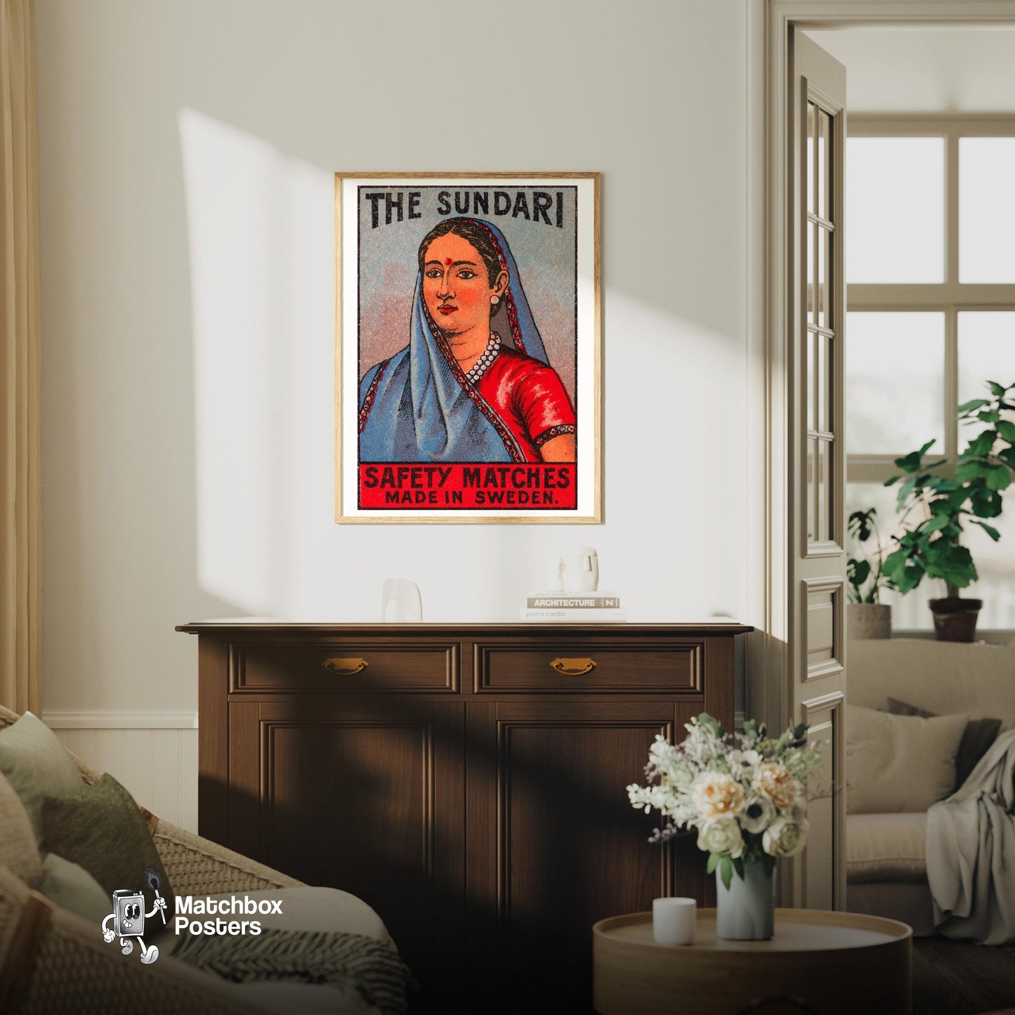 Sundari Woman - vintage matchbox label print - living room mockup