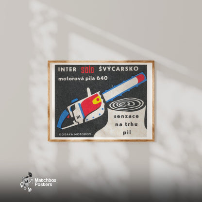 Blue Chainsaw - vintage matchbox label print - bedroom mockup