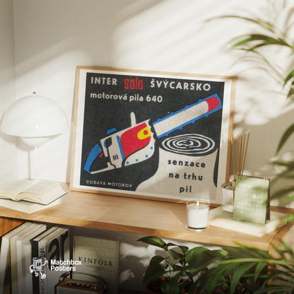 Blue Chainsaw - vintage matchbox label print - office wall