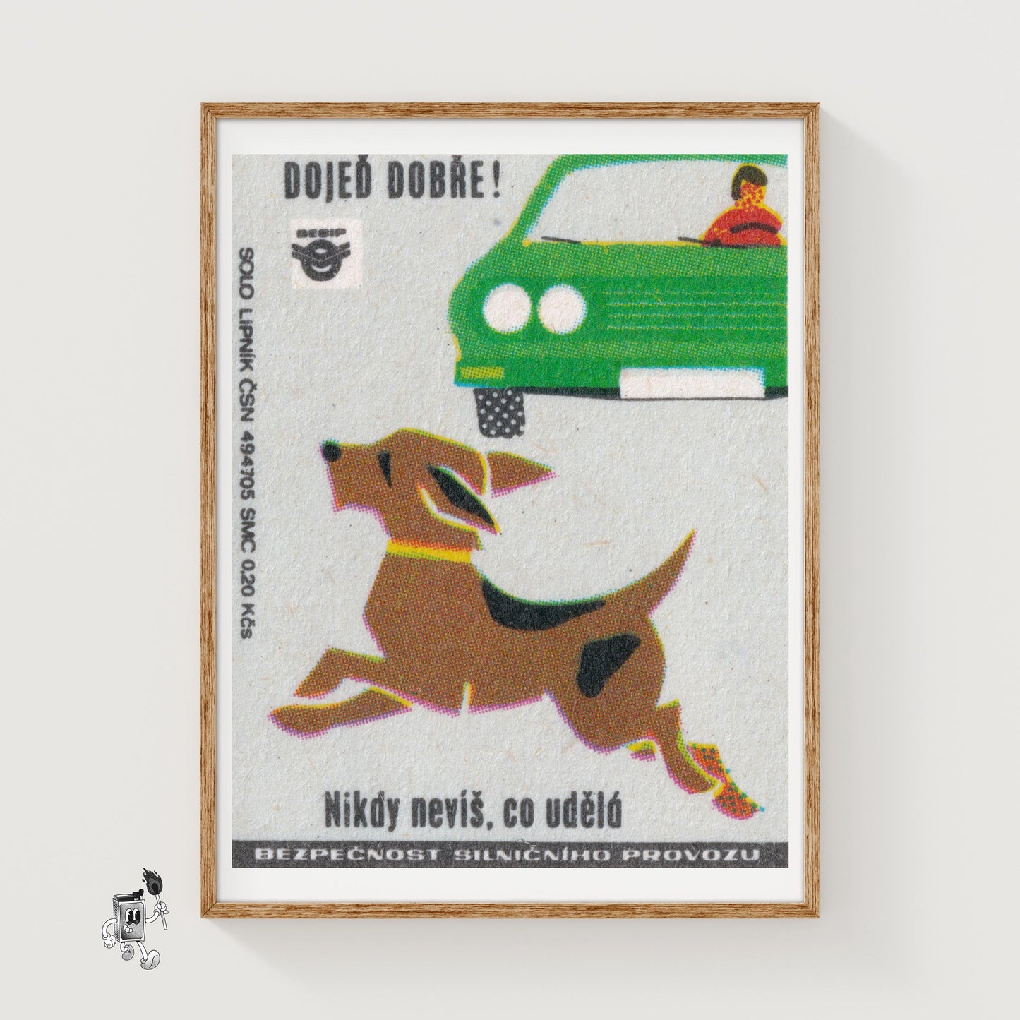 Dog Running Across Road - vintage matchbox label print