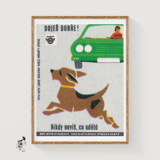 Dog Running Across Road - vintage matchbox label print