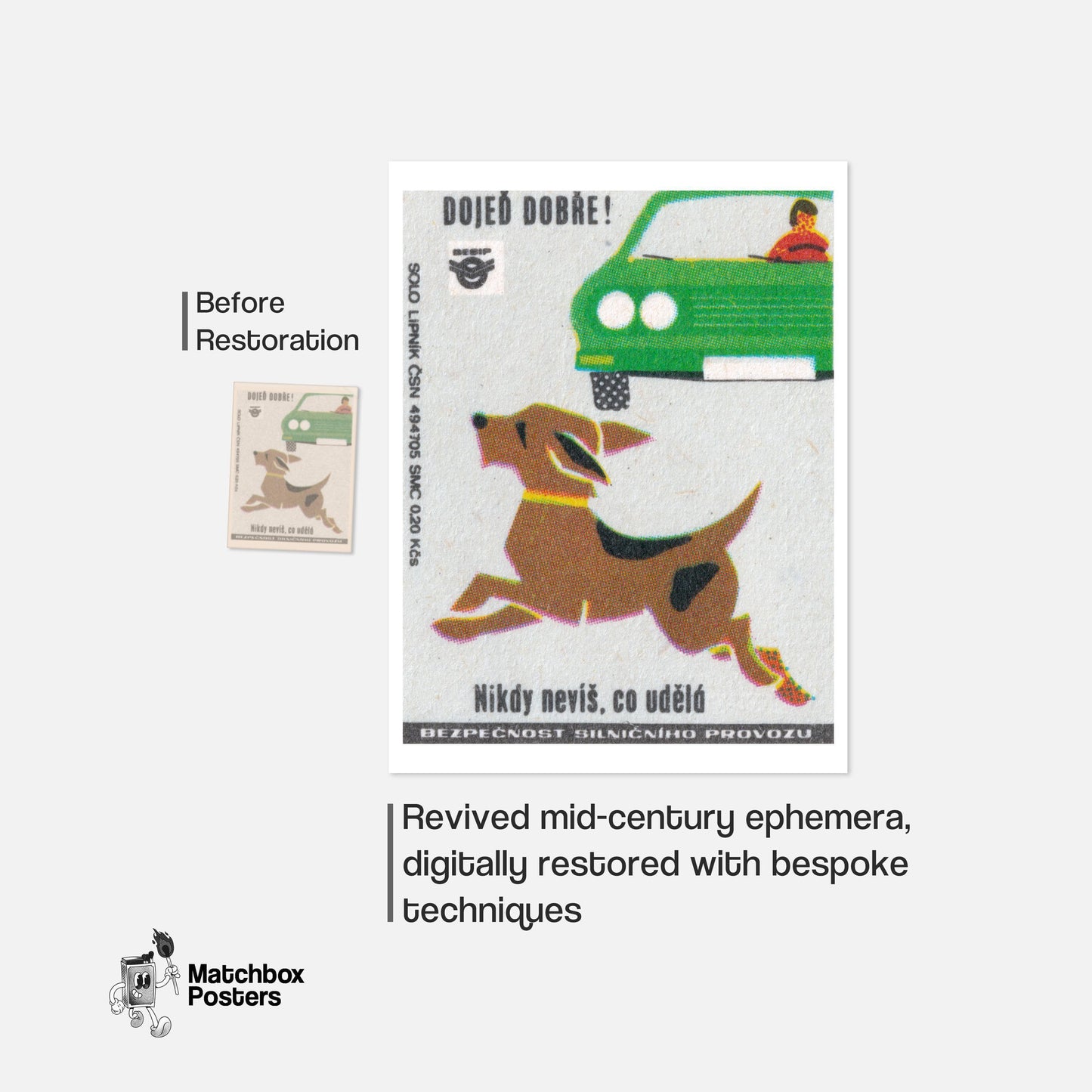 Dog Running Across Road - vintage matchbox label print - framed wall art preview