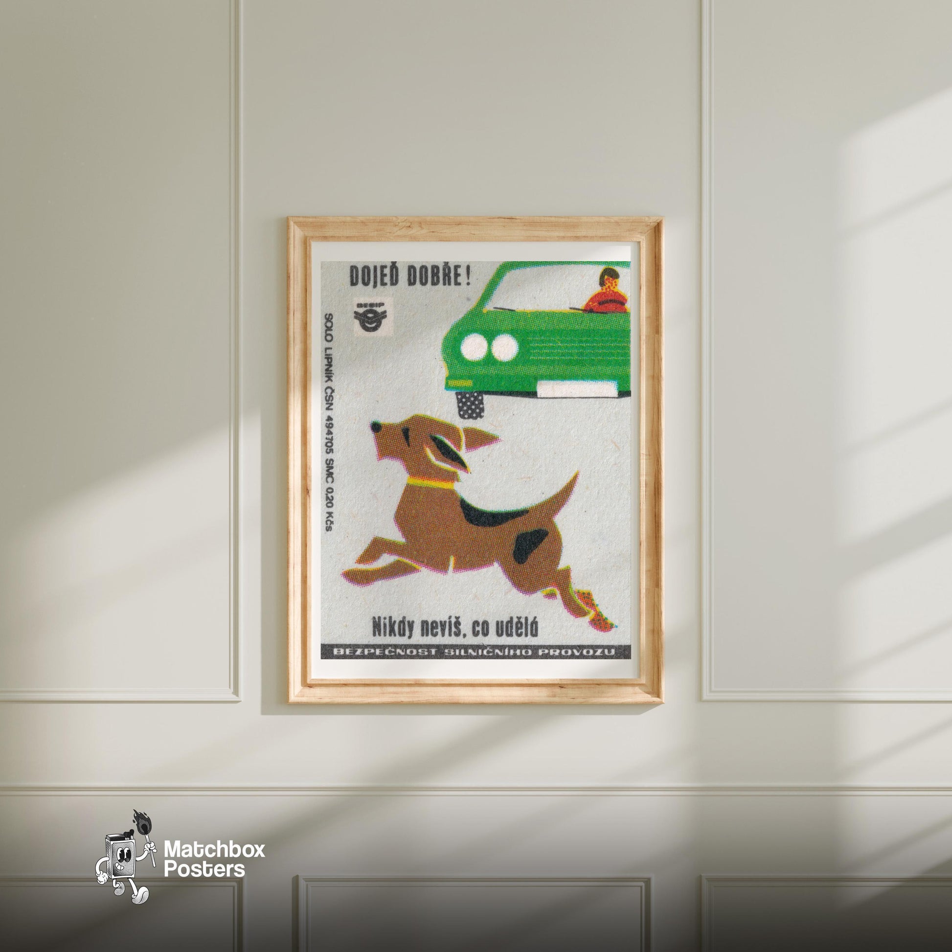 Dog Running Across Road - vintage matchbox label print - bedroom mockup