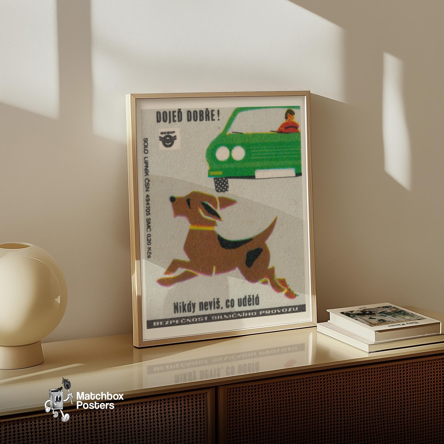 Dog Running Across Road - vintage matchbox label print - size comparison