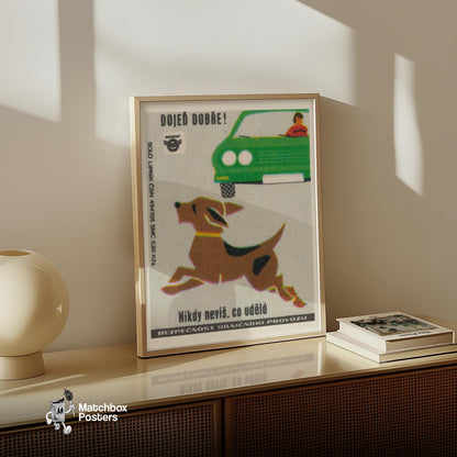 Dog Running Across Road - vintage matchbox label print - size comparison