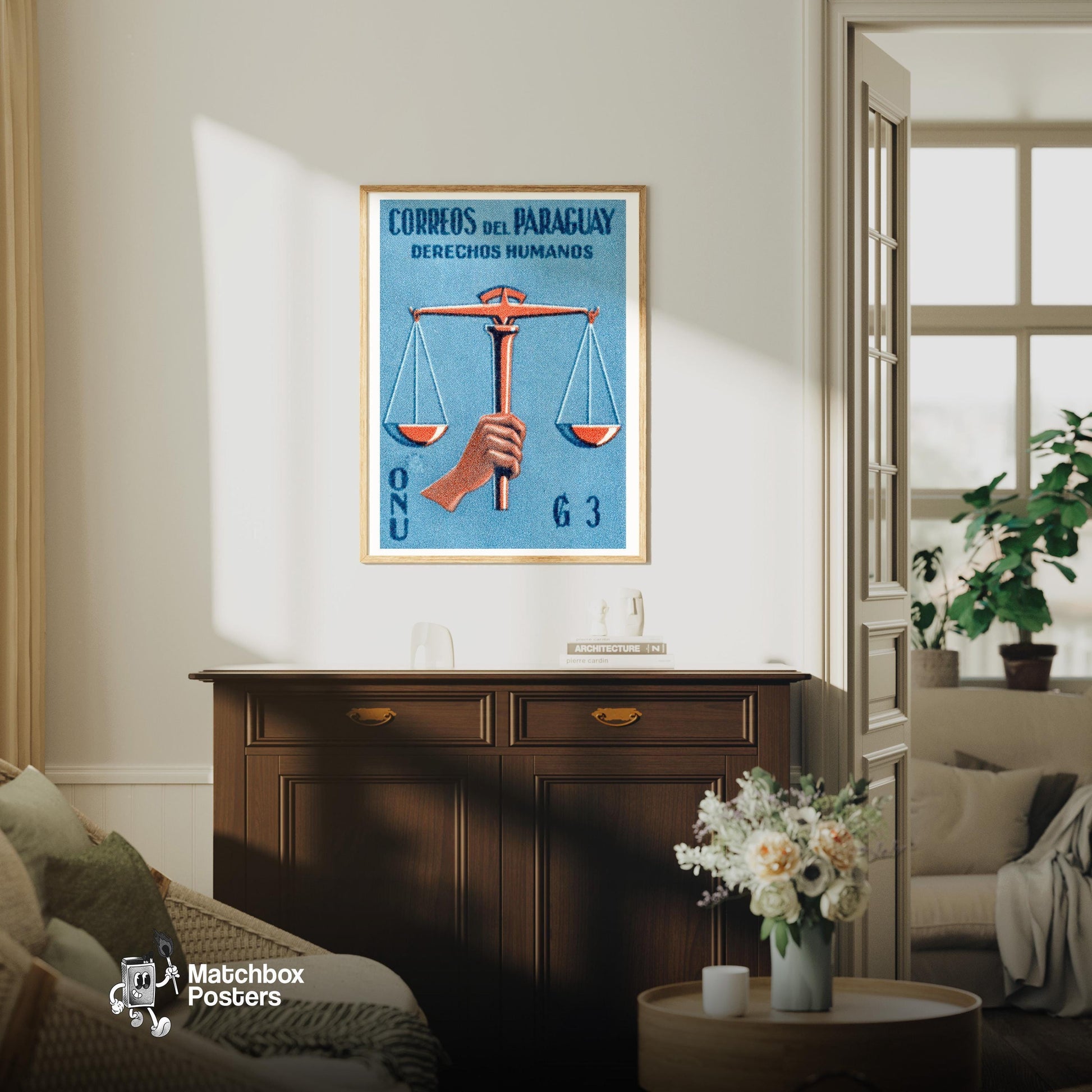 Hand Holding Scales Of Justice Paraguay - vintage matchbox label print - living room mockup
