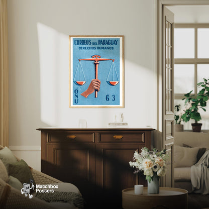 Hand Holding Scales Of Justice Paraguay - vintage matchbox label print - living room mockup