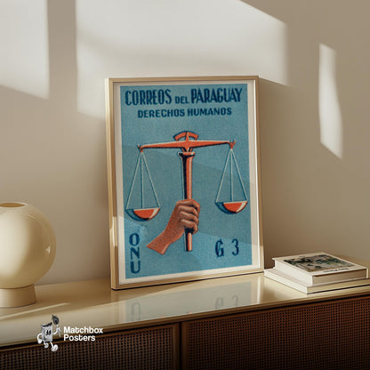 Hand Holding Scales Of Justice Paraguay - vintage matchbox label print - size comparison