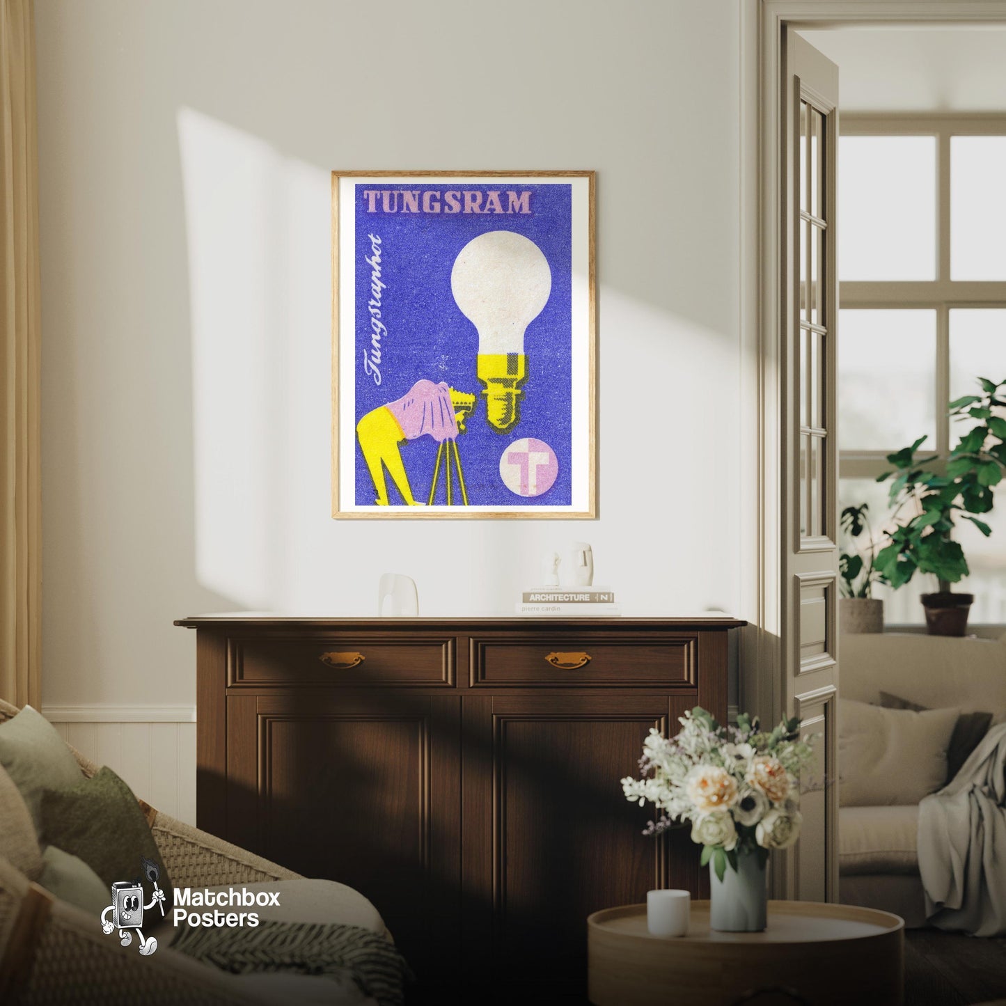 Light Bulb & Camera - vintage matchbox label print - living room mockup