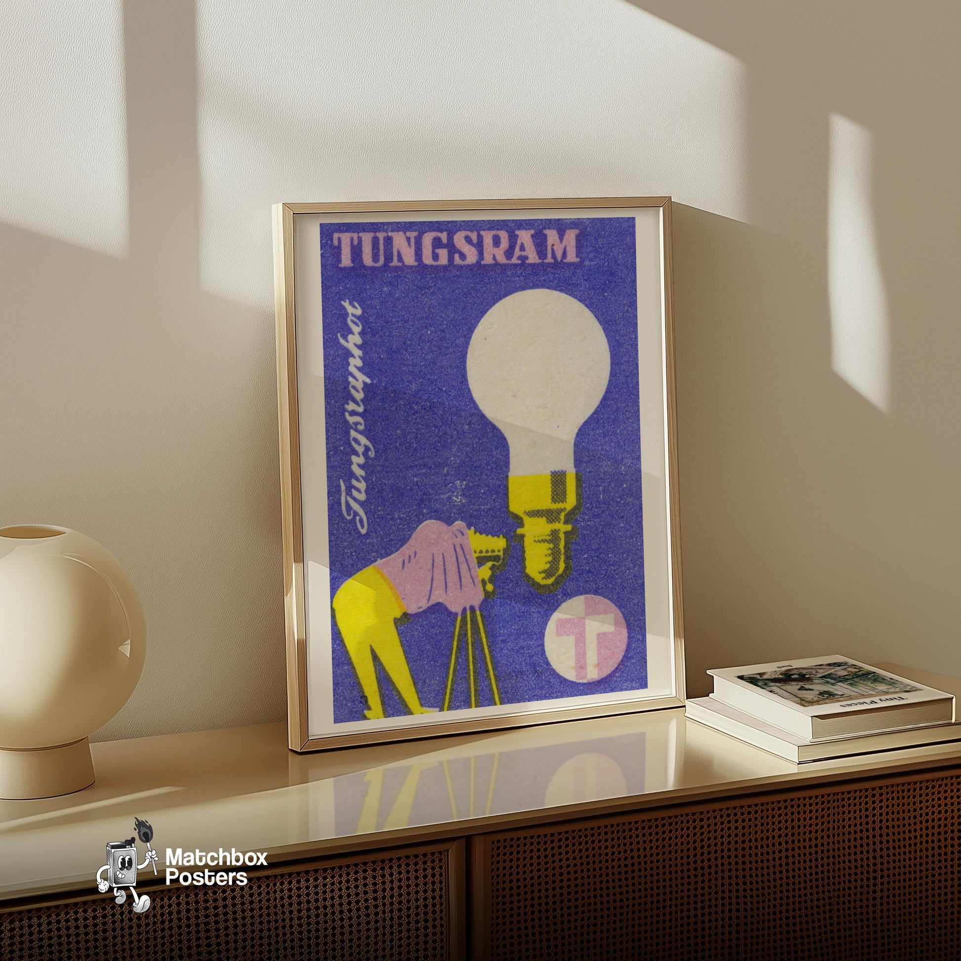 Light Bulb & Camera - vintage matchbox label print - size comparison