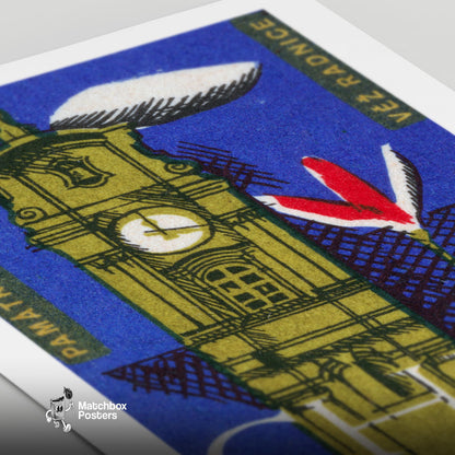 Clocktower - vintage matchbox label print - close-up detail