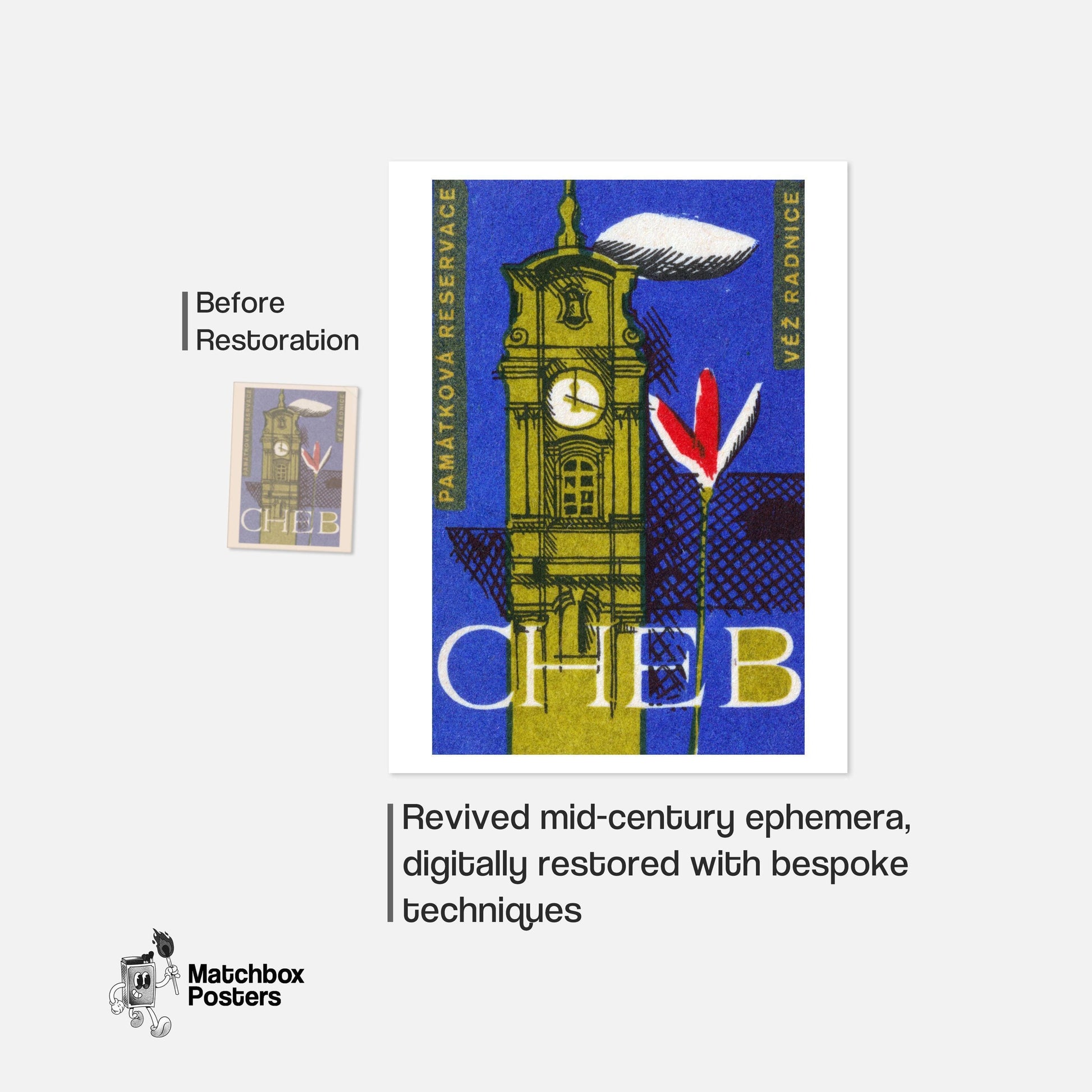 Clocktower - vintage matchbox label print - framed wall art preview