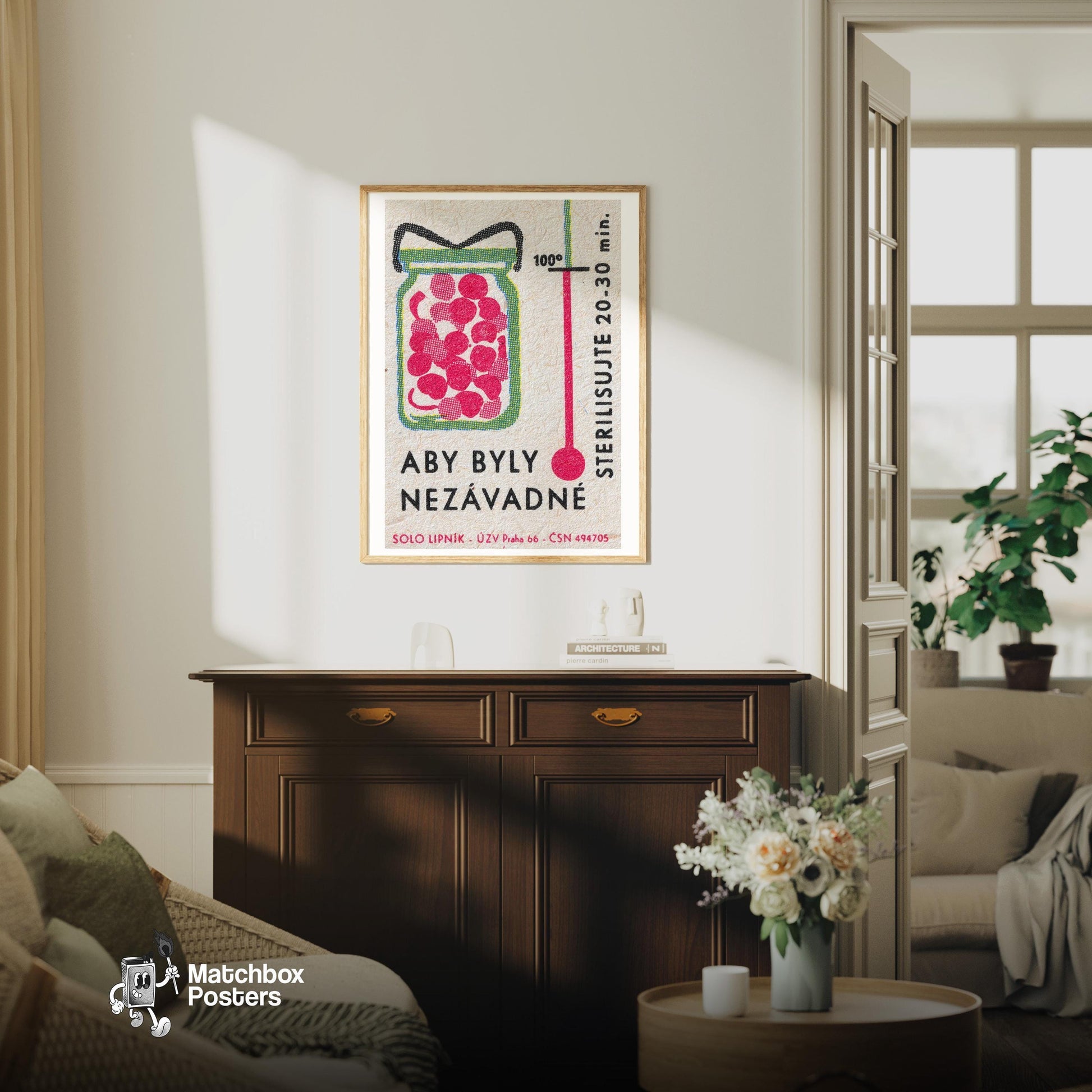 Jar of Cherries - vintage matchbox label print - living room mockup