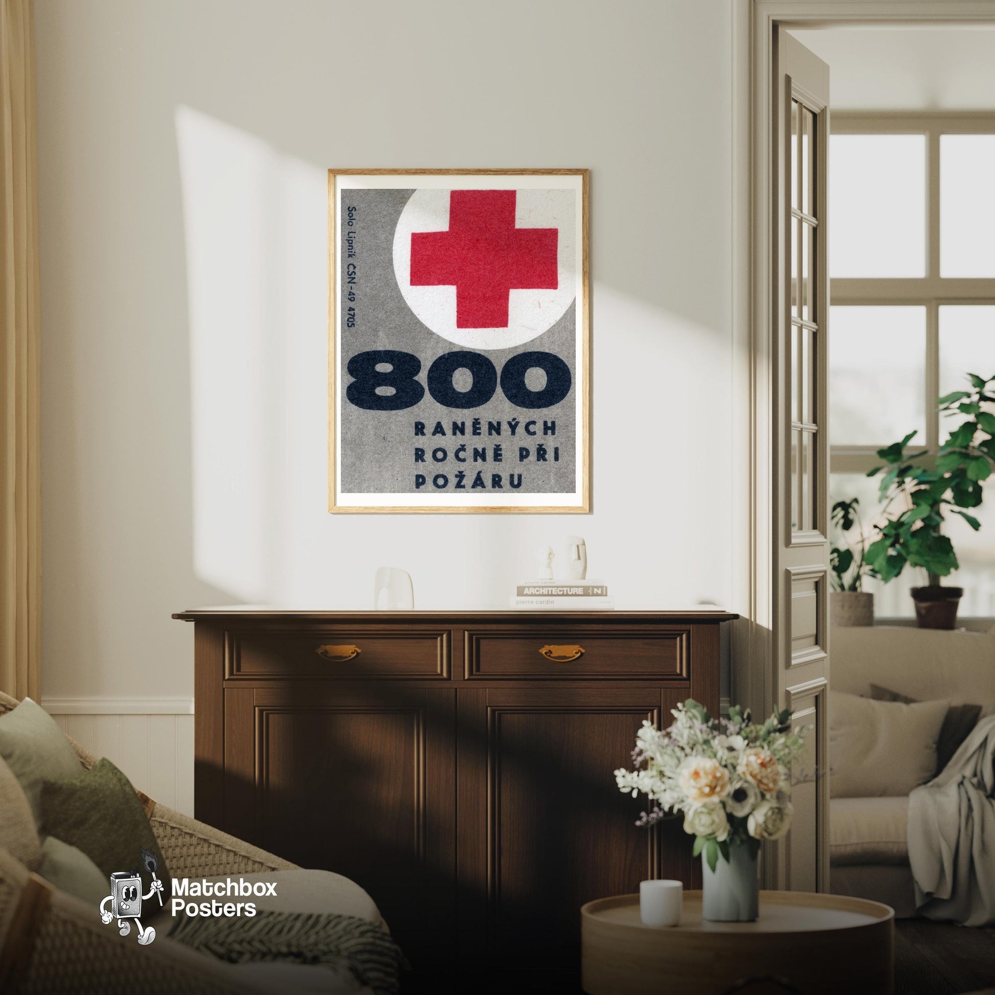 800 Wounded Yearly from Fire - vintage matchbox label print - living room mockup