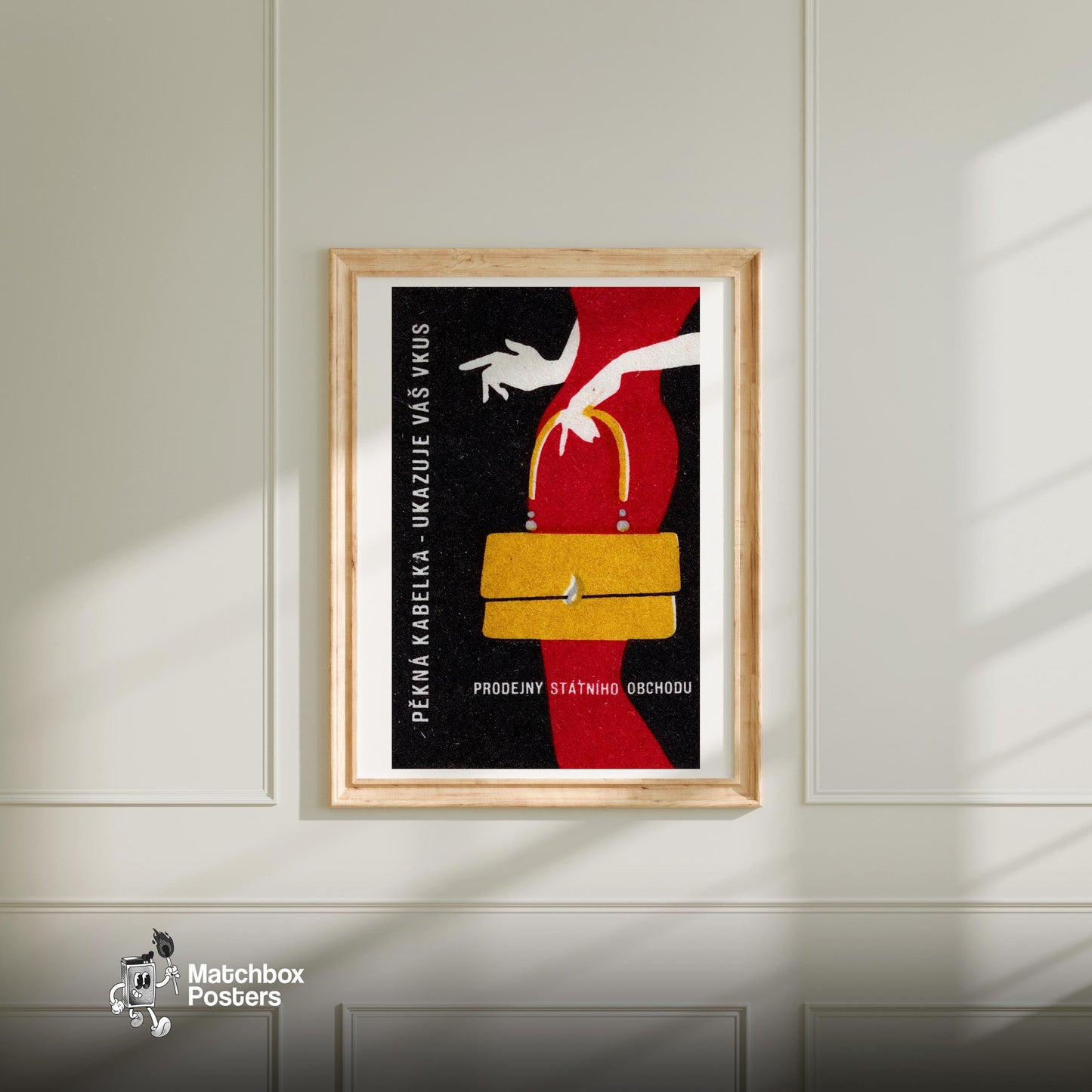 Woman with Yellow Handbag - vintage matchbox label print - bedroom mockup