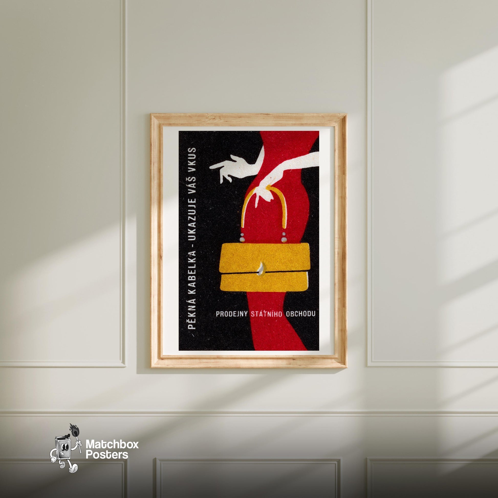 Woman with Yellow Handbag - vintage matchbox label print - bedroom mockup