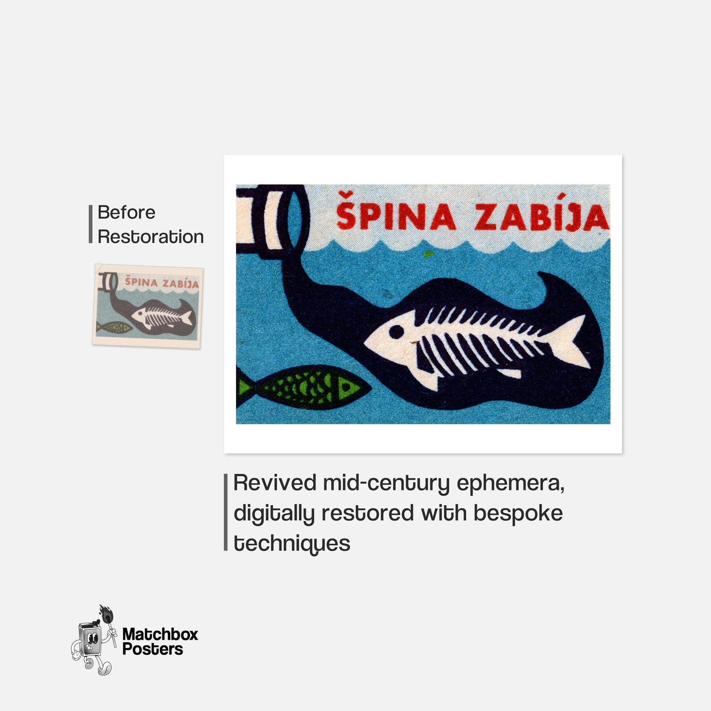 Pollution Kills Fish - vintage matchbox label print - framed wall art preview
