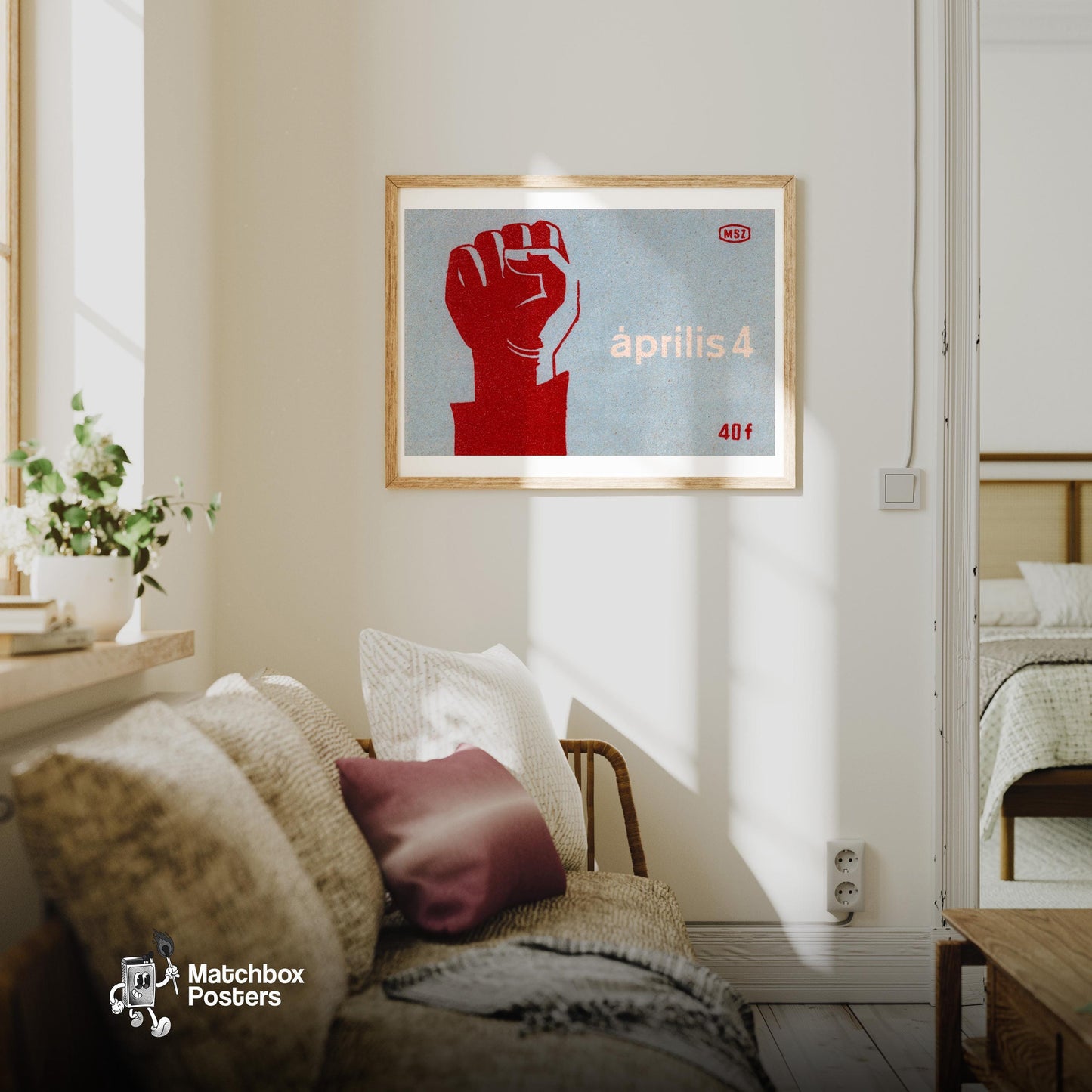 Red Clenched Fist - vintage matchbox label print - living room mockup