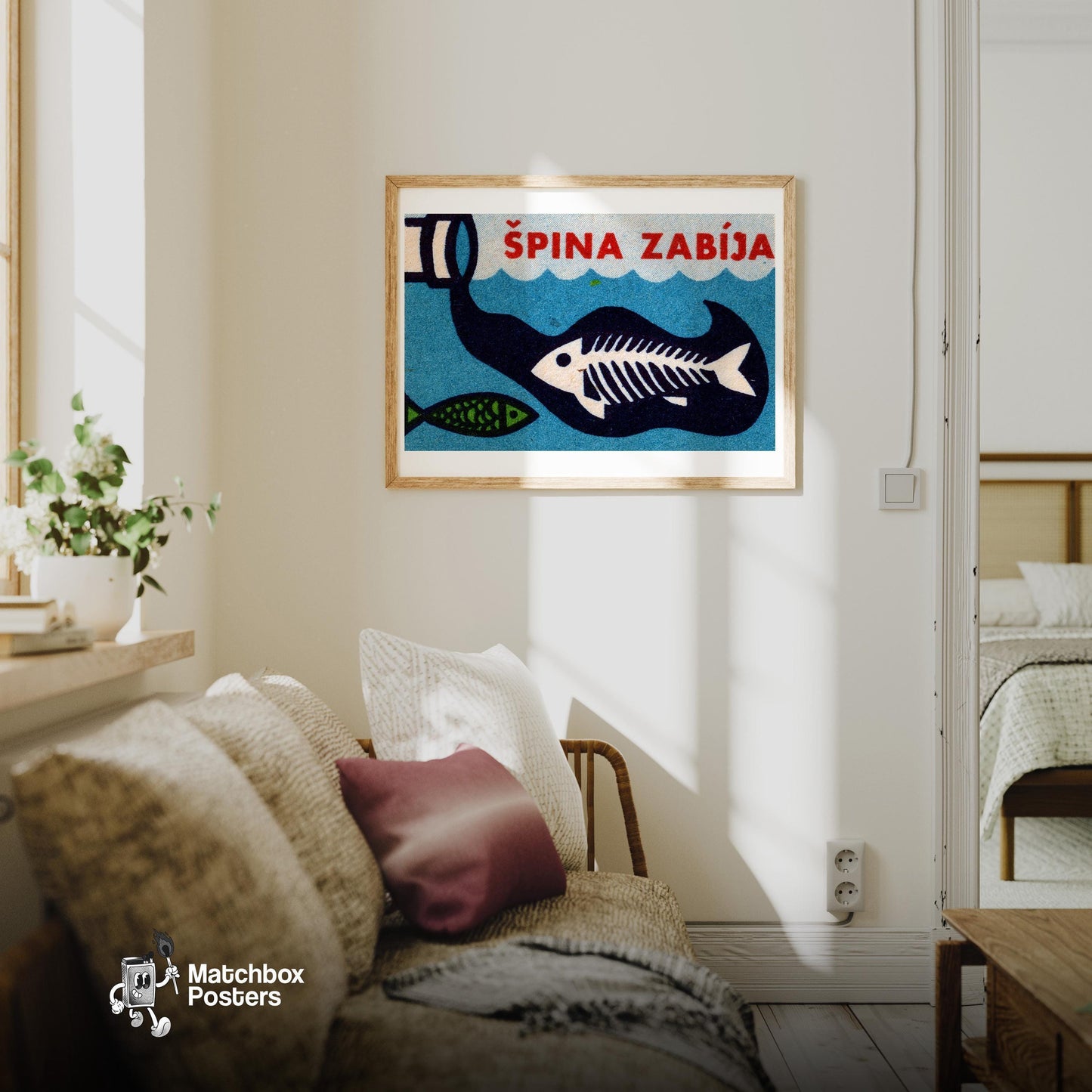 Pollution Kills Fish - vintage matchbox label print - living room mockup