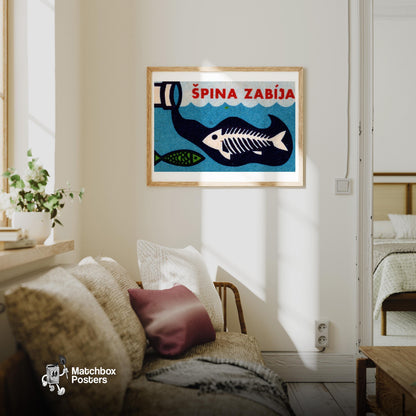 Pollution Kills Fish - vintage matchbox label print - living room mockup