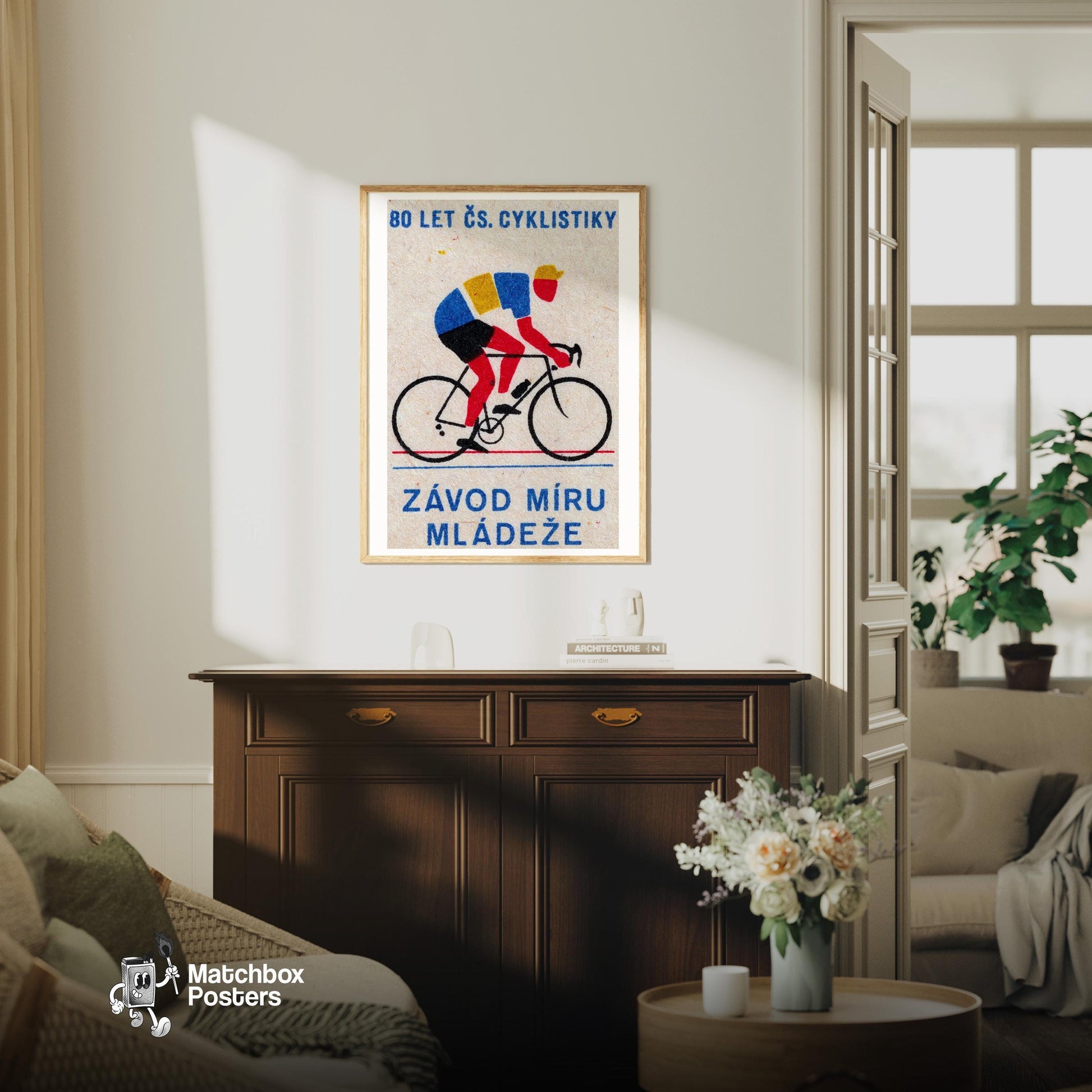 Cyclist - vintage matchbox label print - living room mockup