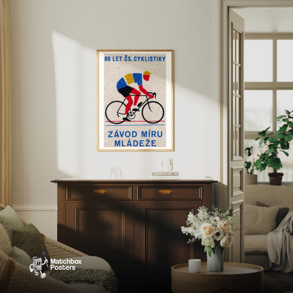 Cyclist - vintage matchbox label print - living room mockup