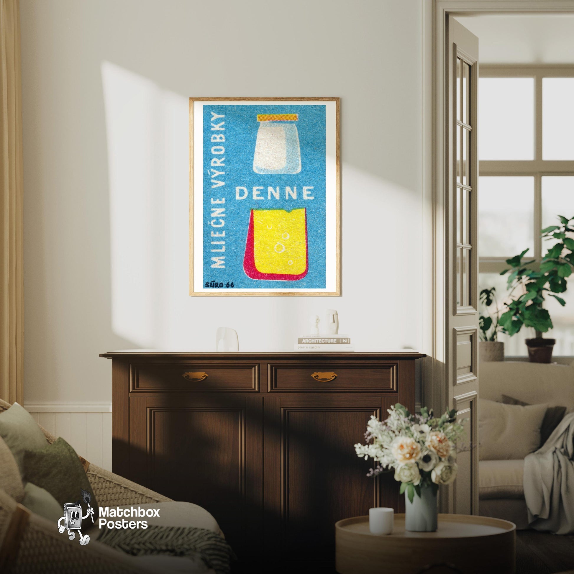 Illustration Of A Milk Jar - vintage matchbox label print - living room mockup