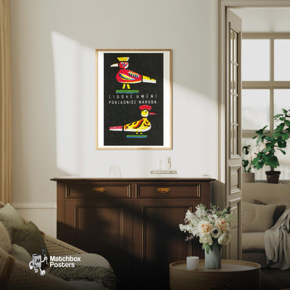Folk Birds - vintage matchbox label print - living room mockup
