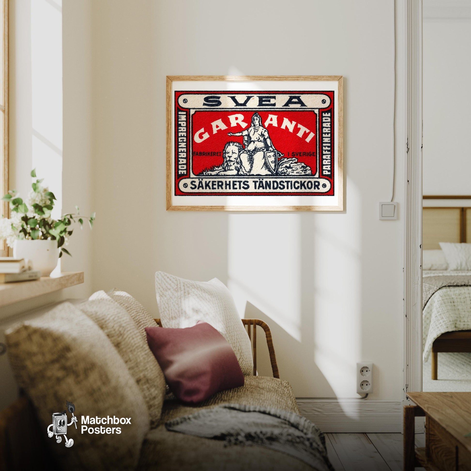 Mythological Figure with Lion - vintage matchbox label print - living room mockup