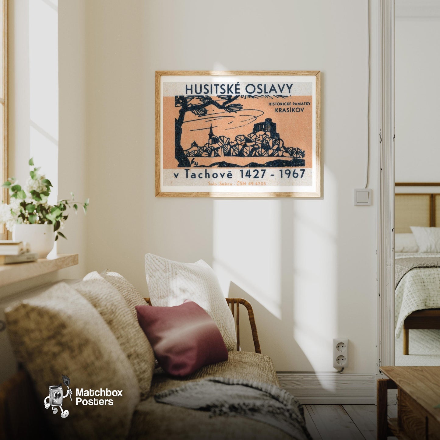 Hussite Celebration - vintage matchbox label print - living room mockup