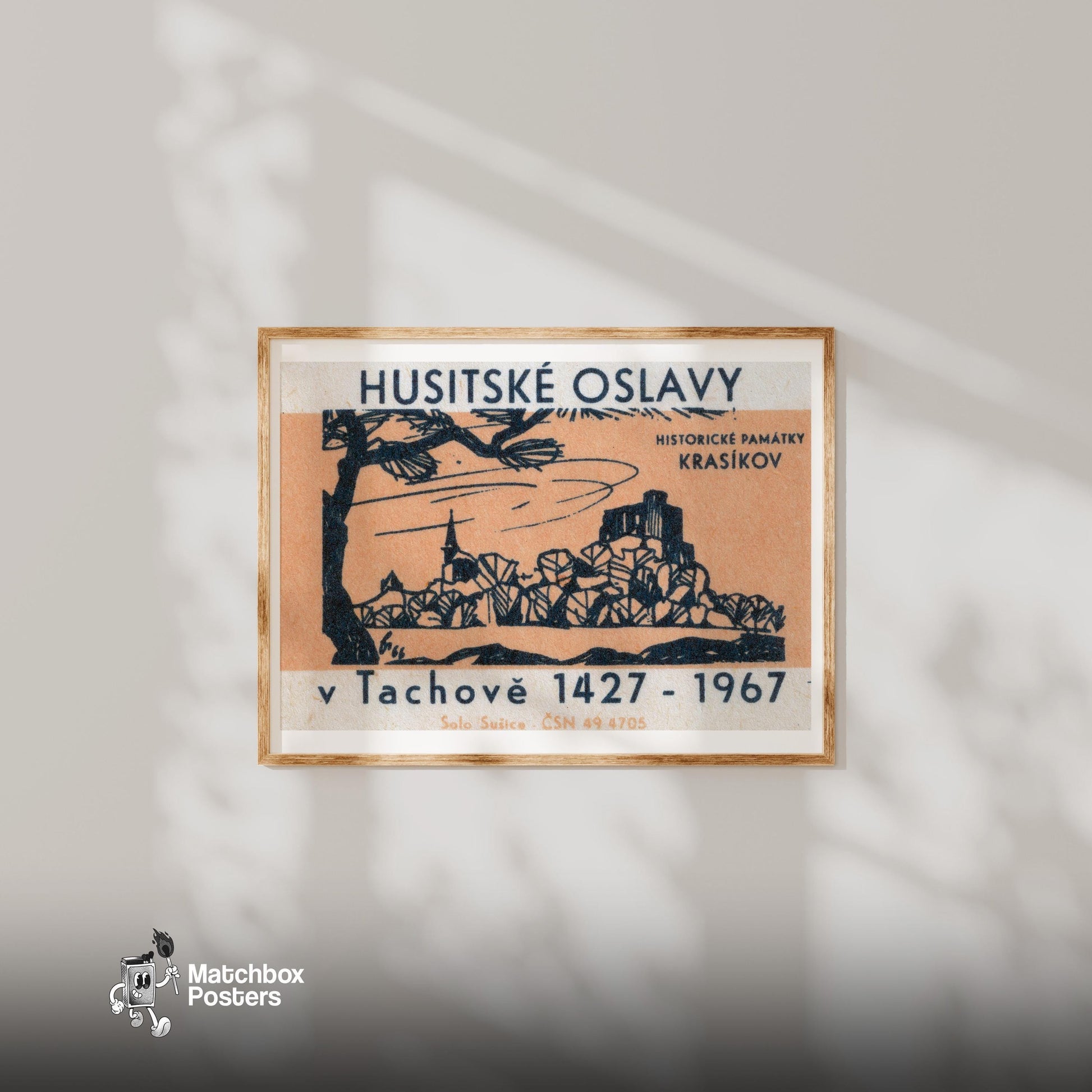 Hussite Celebration - vintage matchbox label print - bedroom mockup