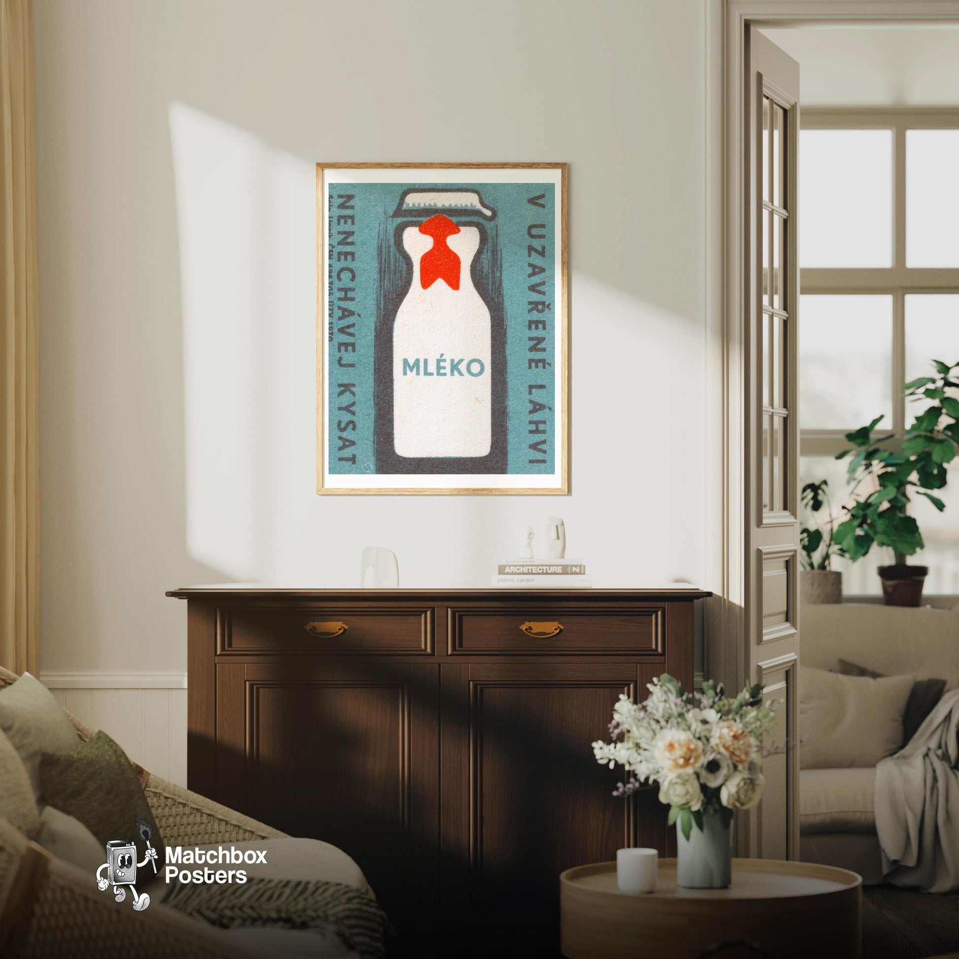 Milk Bottle - vintage matchbox label print - living room mockup