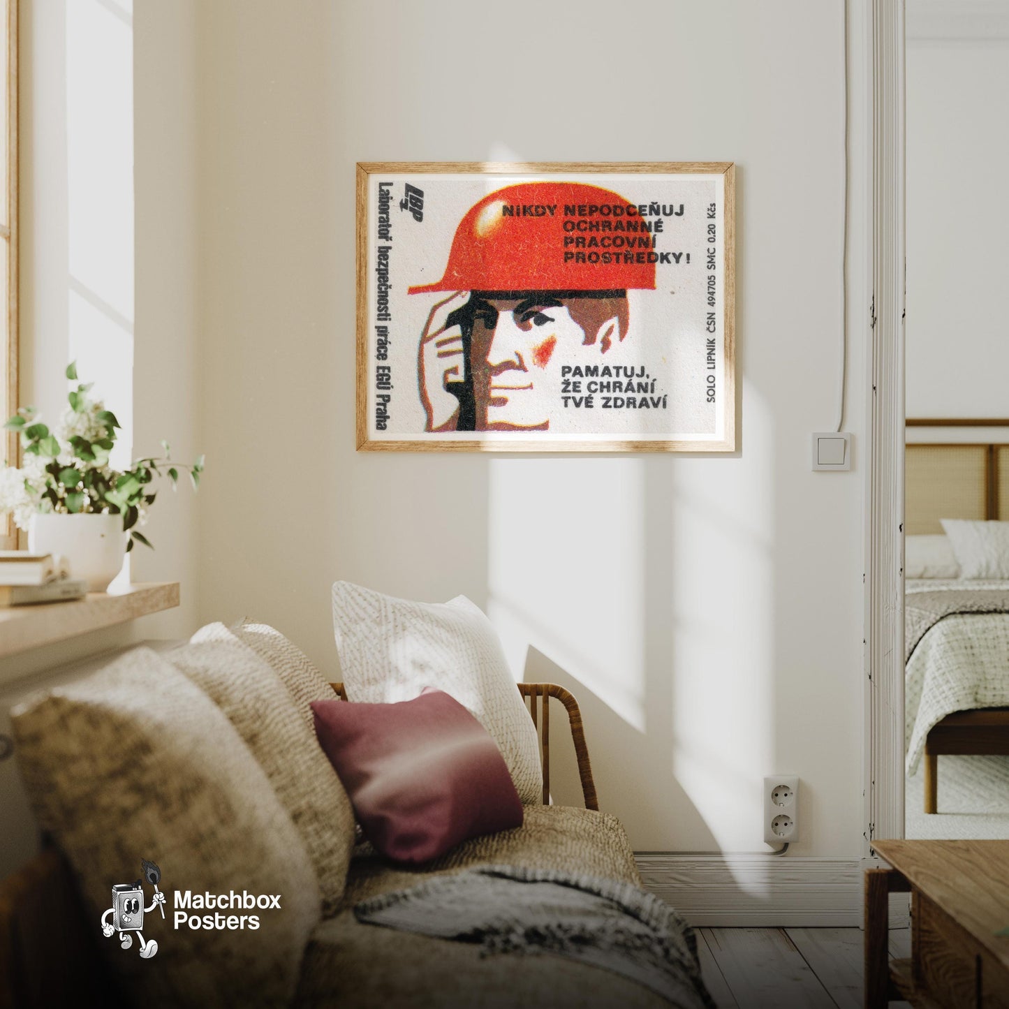 Safety Helmet - vintage matchbox label print - living room mockup