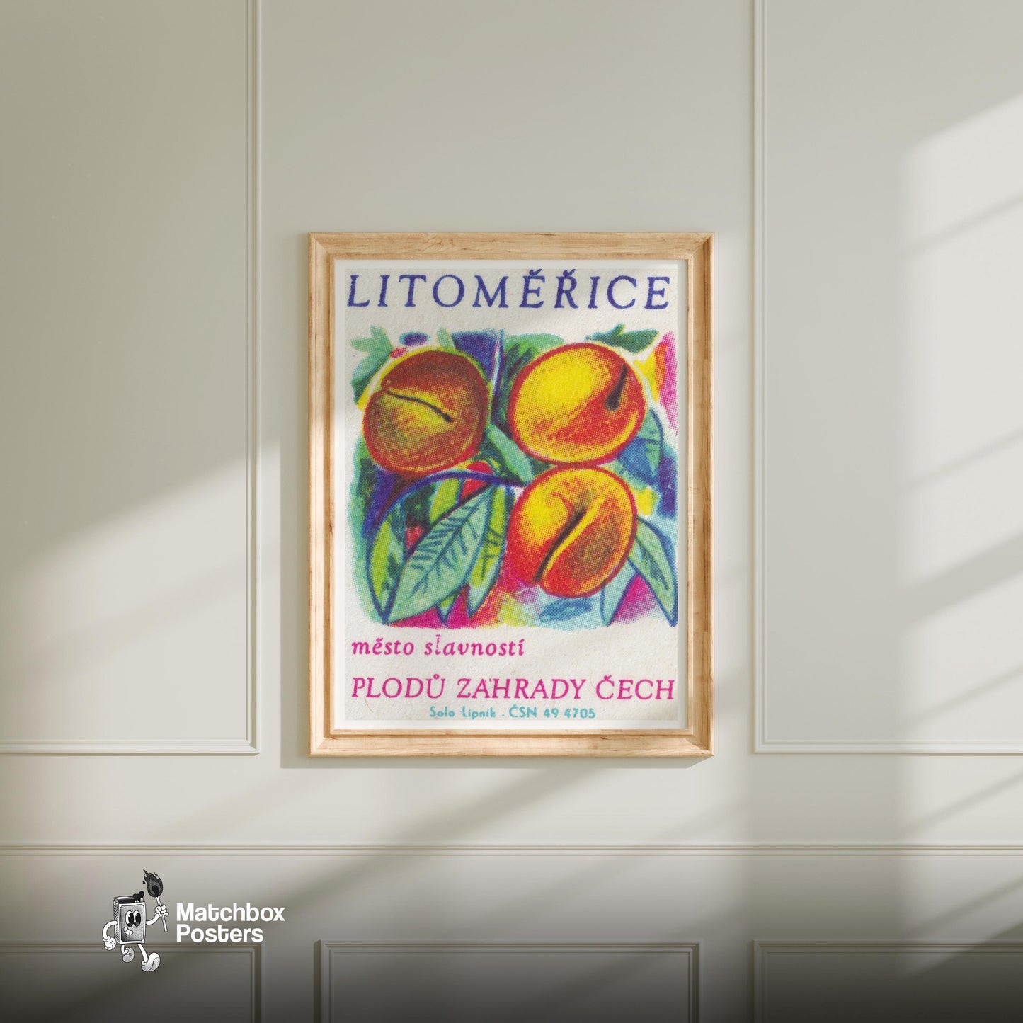 Three Peaches - vintage matchbox label print - bedroom mockup
