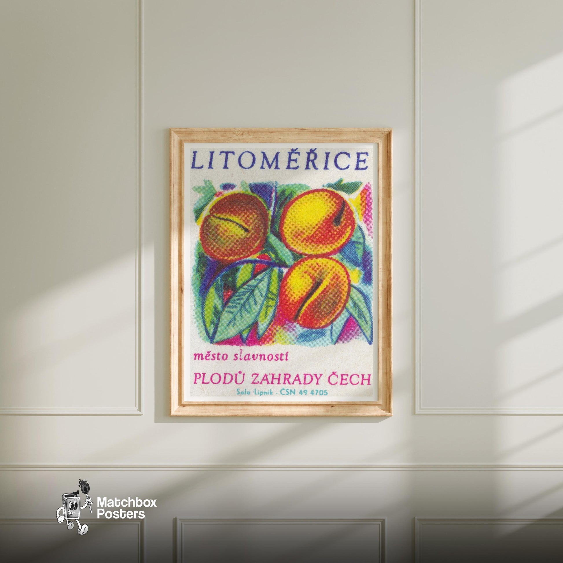Three Peaches - vintage matchbox label print - bedroom mockup