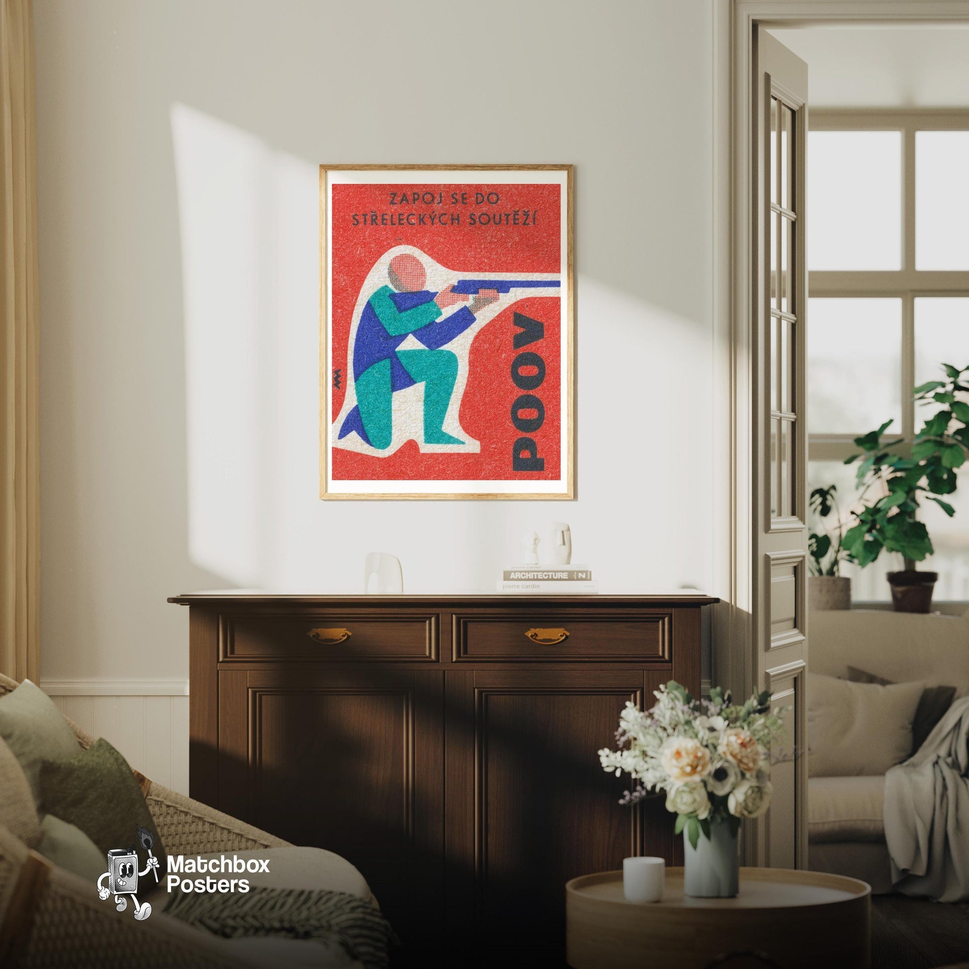 Kneeling Shooter - vintage matchbox label print - living room mockup