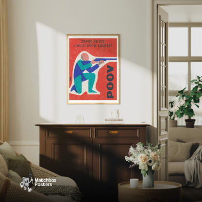 Kneeling Shooter - vintage matchbox label print - living room mockup