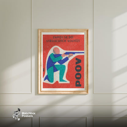 Kneeling Shooter - vintage matchbox label print - bedroom mockup