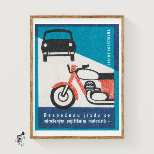 Motorcycle and Car - vintage matchbox label print