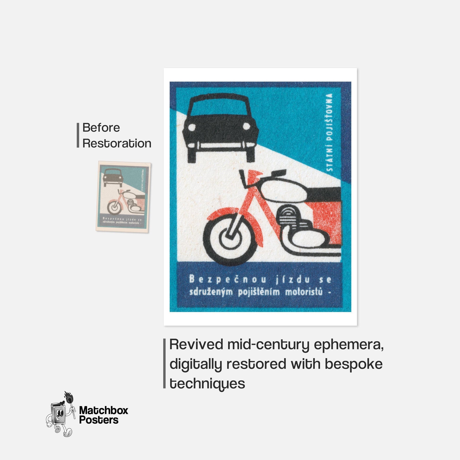 Motorcycle and Car - vintage matchbox label print - framed wall art preview