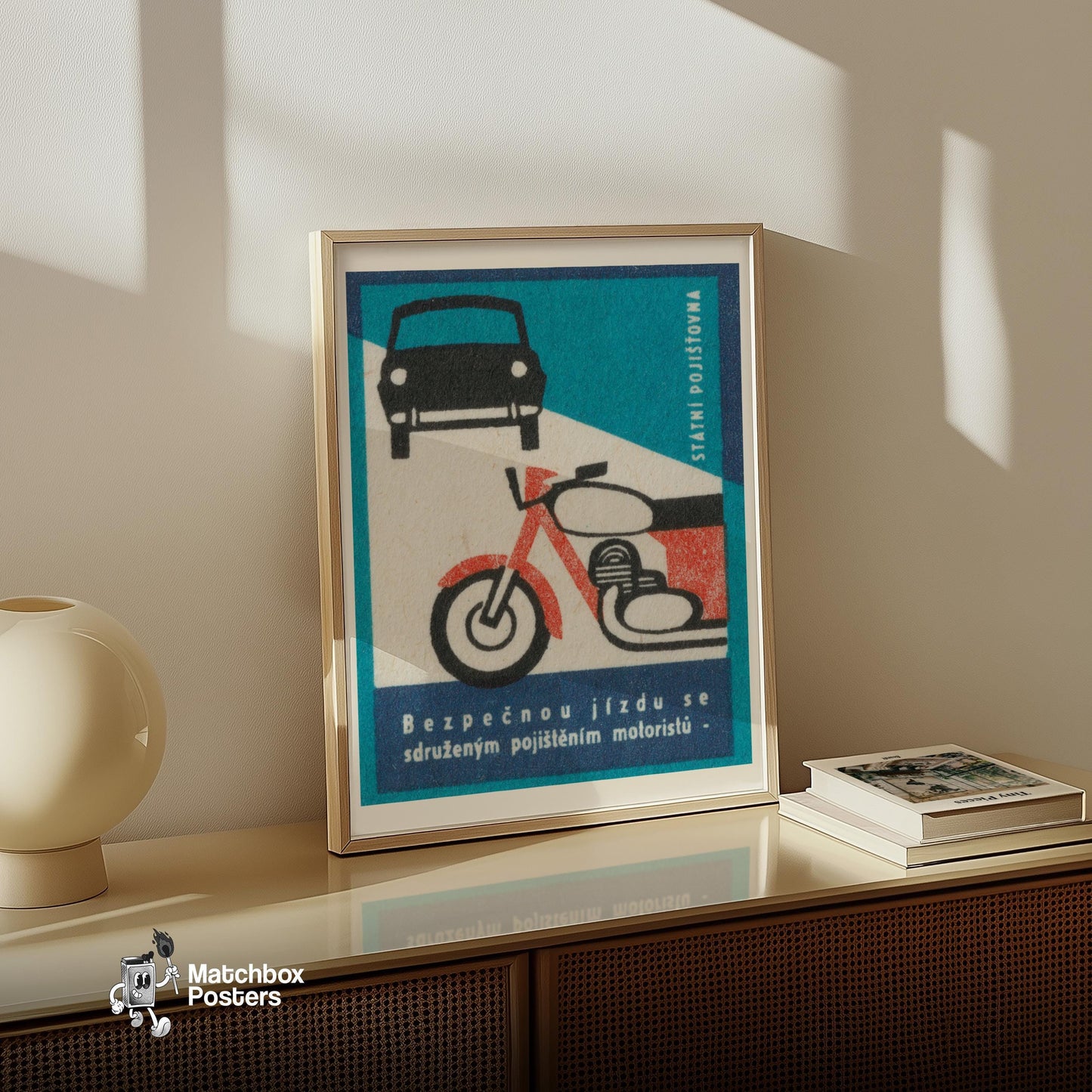 Motorcycle and Car - vintage matchbox label print - size comparison