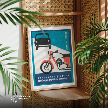 Motorcycle and Car - vintage matchbox label print - office wall
