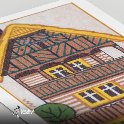 Log Farmhouse - vintage matchbox label print - close-up detail