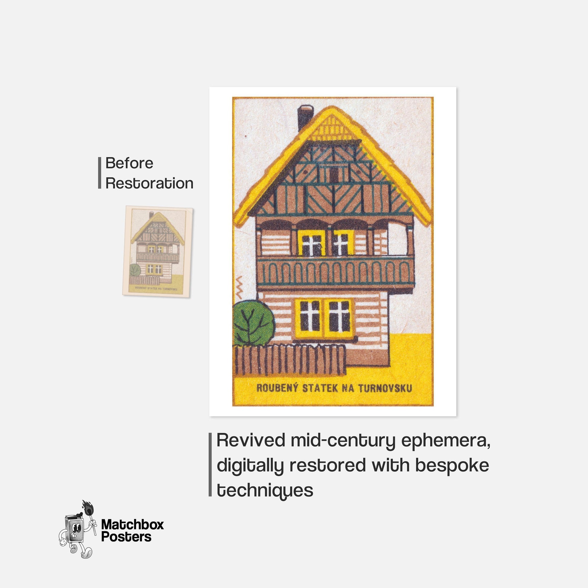 Log Farmhouse - vintage matchbox label print - framed wall art preview