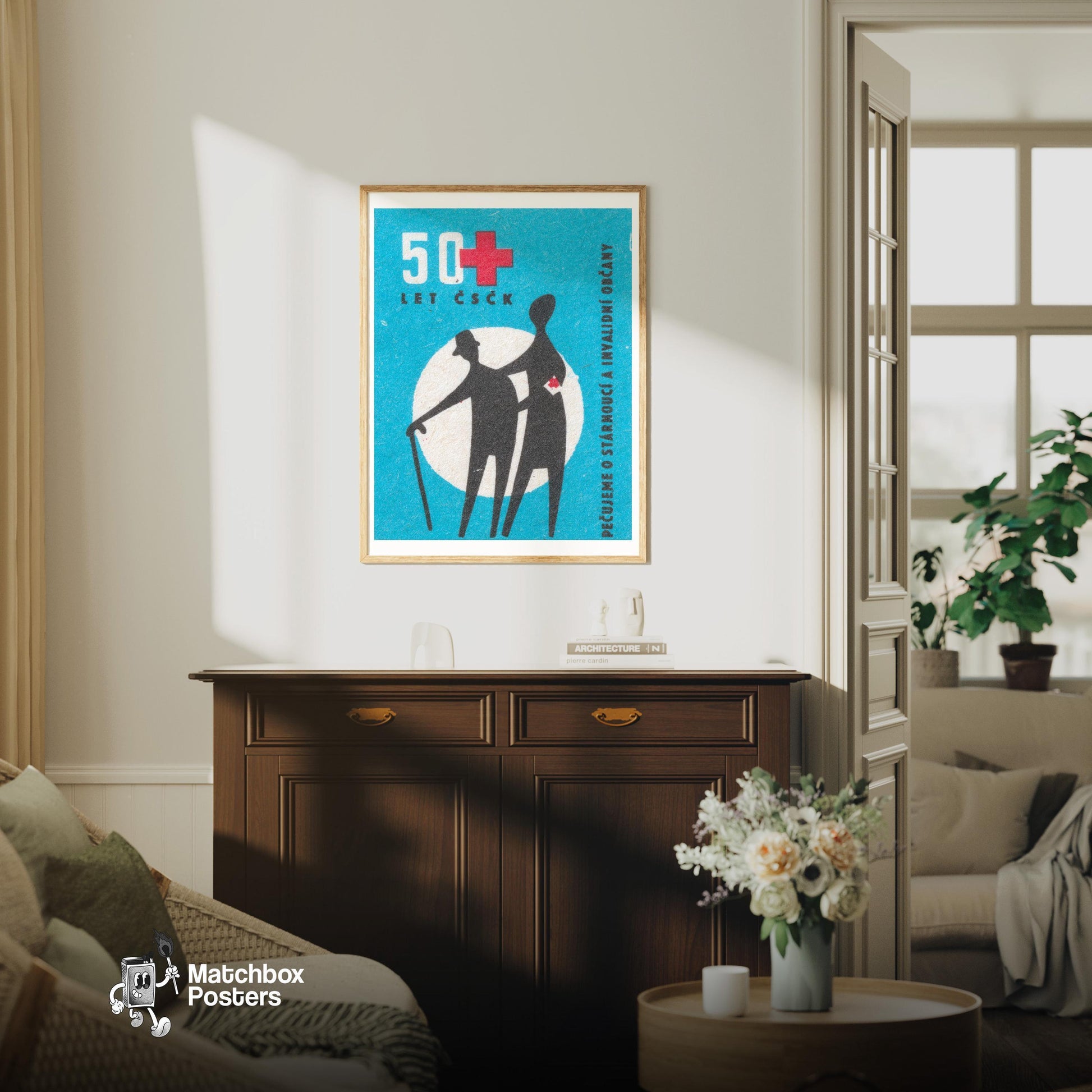 Elderly Care - vintage matchbox label print - living room mockup