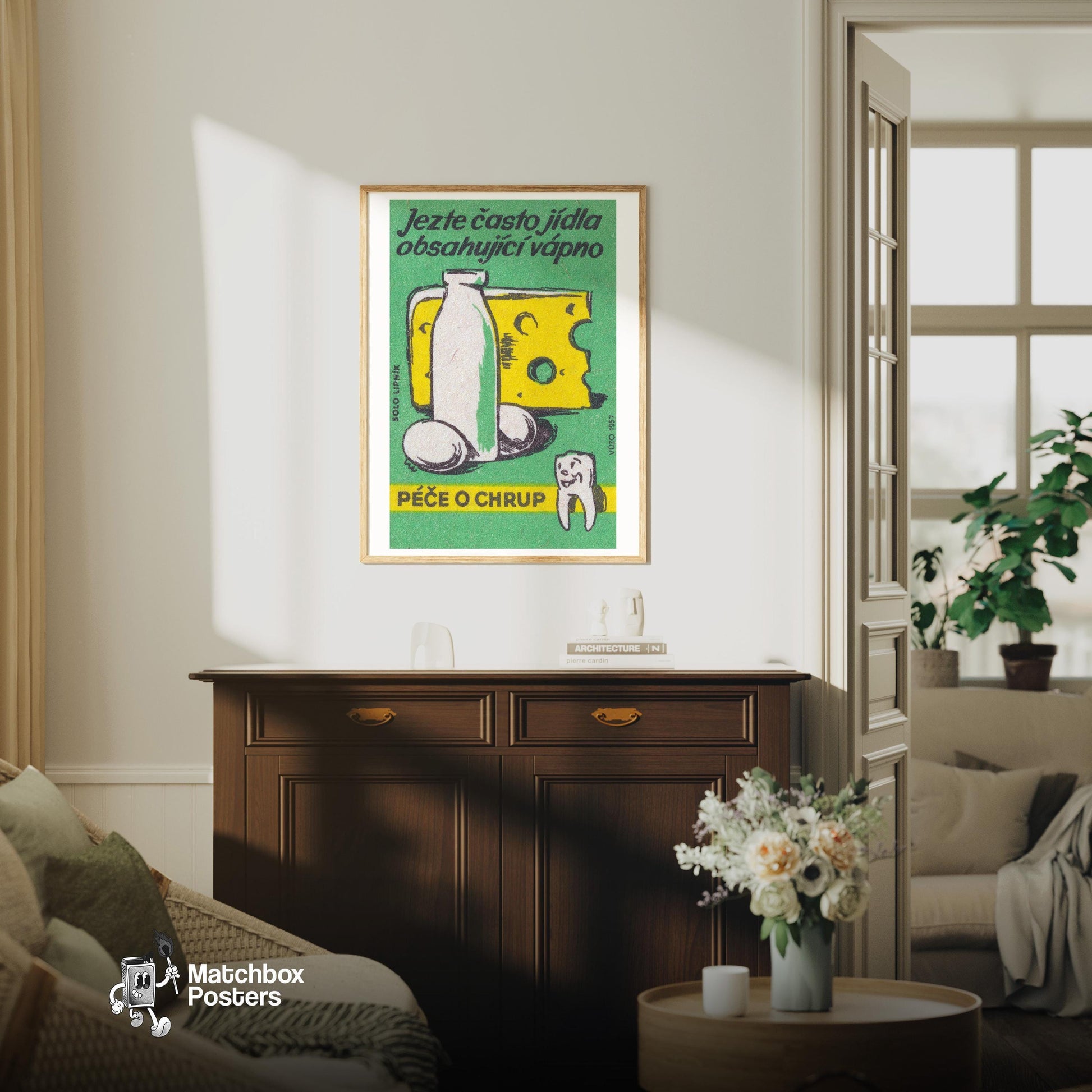Eggs, Milk and Cheese - vintage matchbox label print - living room mockup