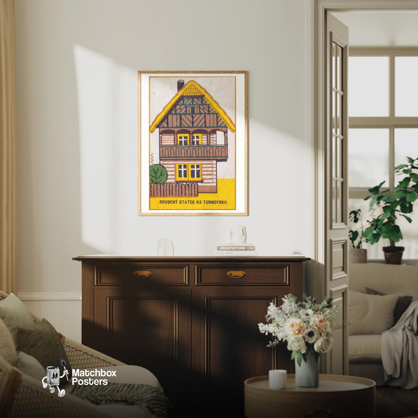 Log Farmhouse - vintage matchbox label print - living room mockup